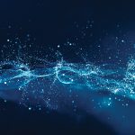 Abstract blue color digital particles wave with bokeh and light