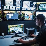 Hispanic security guard watching monitors in control room