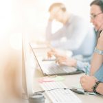 Service Team Concept. Operator or Contact Center Sale in Office,