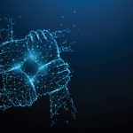 Hand united together form lines, triangles and particle style de