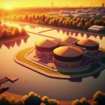 Sunset aerial picture of a contemporary industrial sewage treatment facility. Generative AI