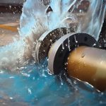 Breakthrough of the main water supply with water fountain on the surface of the asphalt street in a big city, an accident on communications. Generative AI.