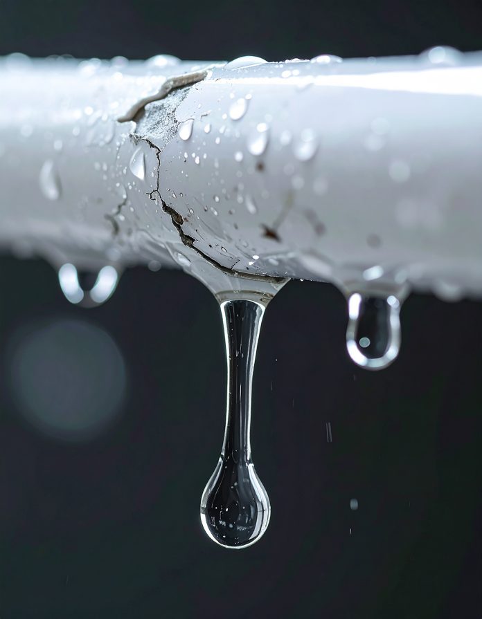 Water droplets dripping from cracked white PVC pipe, blurred dark backdrop, plumbing maintenance and repair concept.