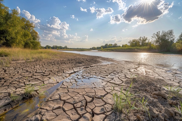 AdobeStock_796147895 (1) A cracked, dry riverbed under scorching sun, illustrating the harsh reality of drought